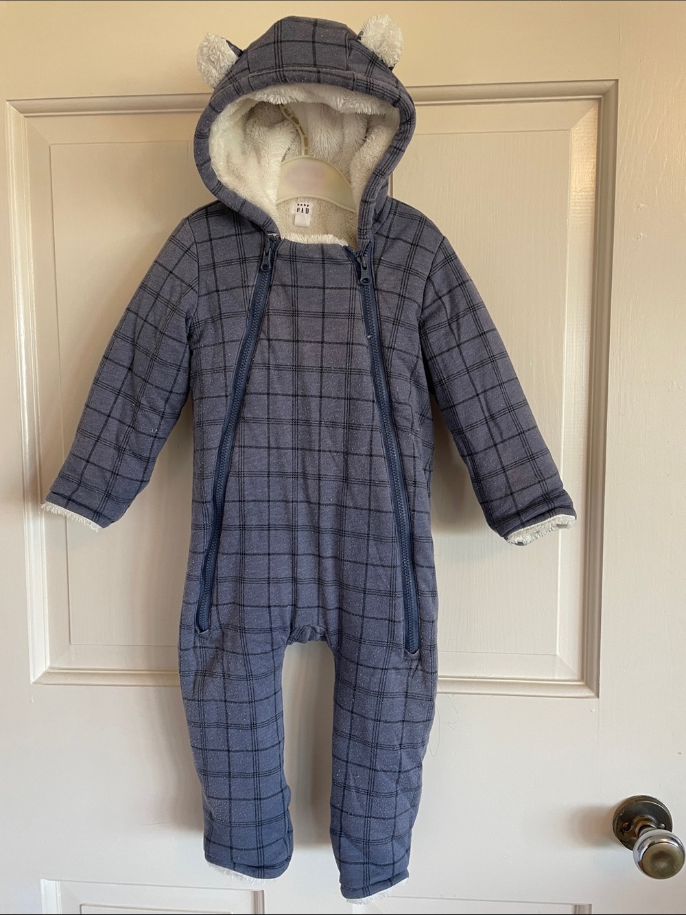 GAP Navy Plaid Infant Hooded Outdoor Onesie with Bear Ears
